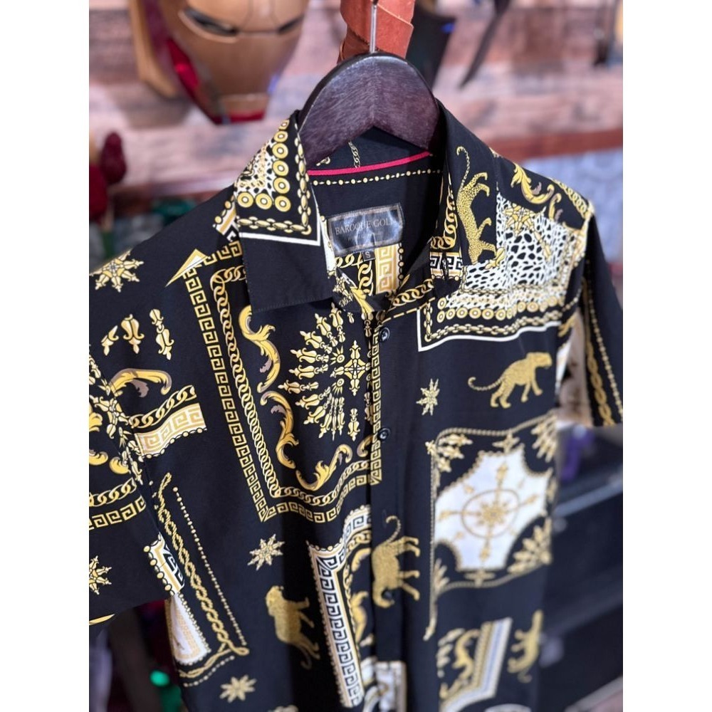 Baroque Gold Leopard Chain Print Shirt Luxury Style Mens SMALL